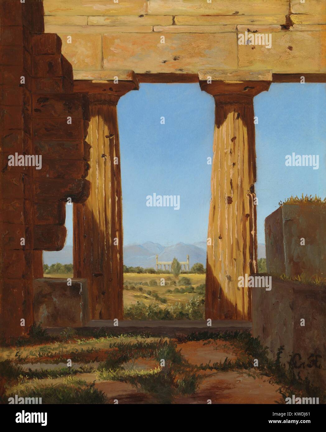 COLUMNS OF THE TEMPLE OF NEPTURE AT PAESTUM, by Constantin Hansen, 1838, Danish oil painting. Hansen painted the 6th century BCE Greek complex at Paestum, Italy. This view is from the interior of the Temple of Neptune, with its fluted Doric columns framing the distant Temple of Athena (BSLOC 2017 9 144) Stock Photo