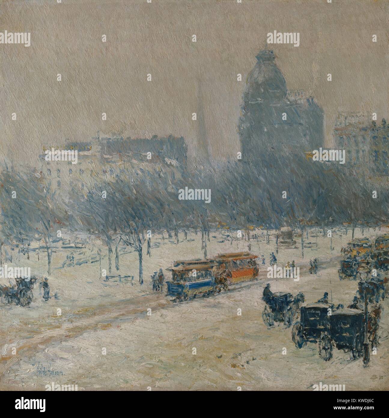 WINTER IN UNION SQUARE, by Childe Hassam, 1889-90, American painting, oil on canvas. The Cityscape is obscured by falling snow from the artists 17th street studio. The spire of Grace Church, is seen between the Morton House Hotel, and the domed Domestic Sewing Machine Company building on Fourteenth Street (BSLOC 2017 9 20) Stock Photo