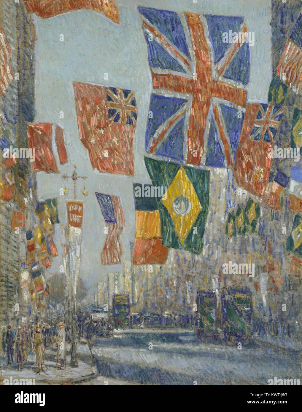 AVENUE OF THE ALLIES, GREAT BRITAIN, by Childe Hassam, 1918, American painting, oil on canvas. Manhattan’s Fifth Avenue decorated with patriotic emblems in 1918 during World War 1. This view north from 53rd Street shows flags of the Allies Great Britain, Brazil, Belgium and USA. It is one of 30 works Hassam painted of such flag displays during the WW1 (BSLOC 2017 9 23) Stock Photo