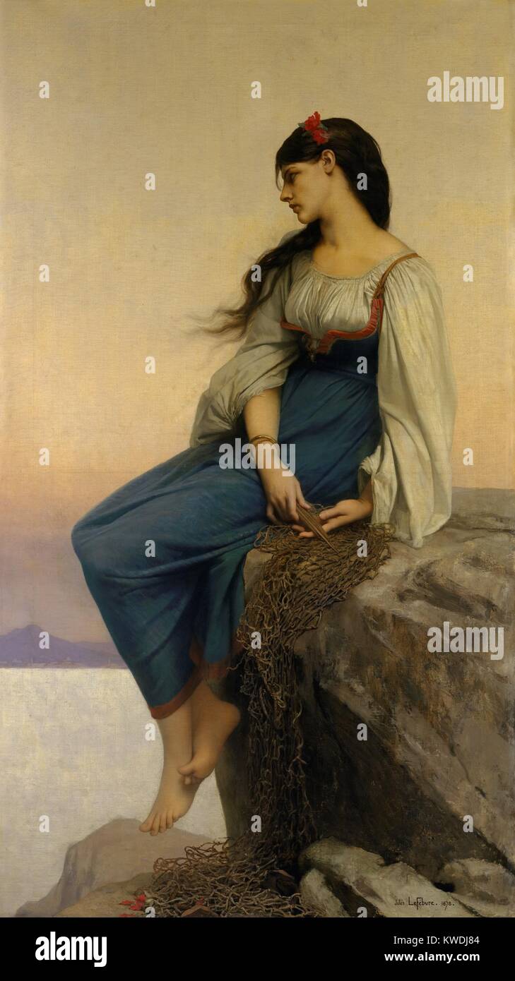 GRAZIELLA, by Jules-Joseph Lefebvre, 1878, French painting, oil on canvas. GRAZIELLA is the title character in Alphonse de Lamartines tragic romantic tale of her doomed love for young French traveler to Italy. She is mending a fishing net with distant Mount Vesuvius in the background (BSLOC 2017 9 56) Stock Photo