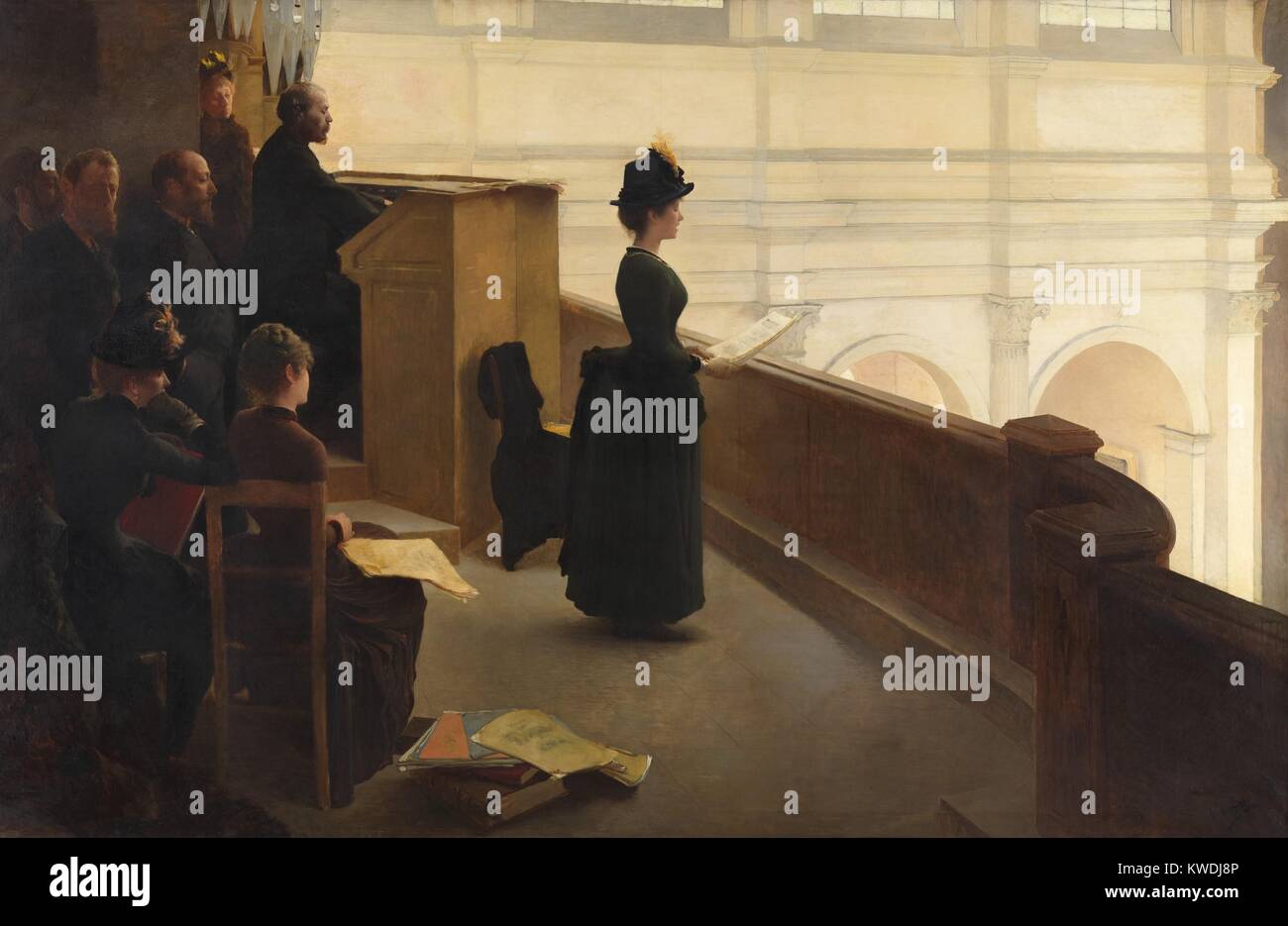 The Organ Rehearsal, by Henry Lerolle, 1885, French painting, oil on canvas. Singer in the choir loft of the church of Saint-François-Xavier in Paris is precisely rendered. The artist includes his self-portrait (2nd from left); his sister; brother-in-law, composer Ernest Chausson, at the organ; and his bareheaded wife (BSLOC 2017 9 70) Stock Photo