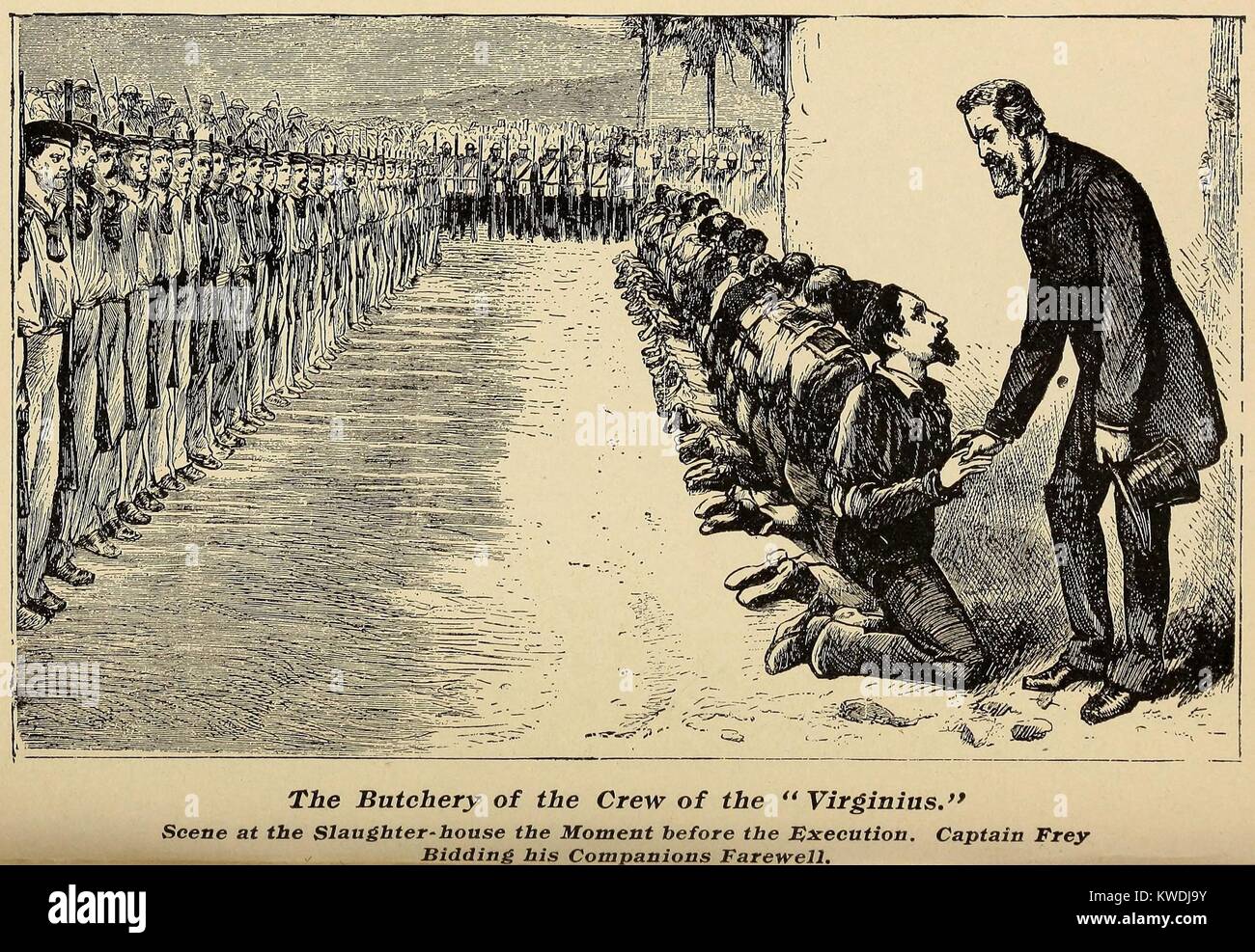 Capt. Joseph Fry of the ship Virginius bidding farewell to 37 of his crew before their execution in Cuba, Nov. 7, 1873. They were caught delivering arms to rebels during the Cuban War of Independence (1868-78). A Spanish-American war scare followed, but was resolved with the release of the 91 remaining seaman in Jan. 1874 (BSLOC 2017 10 1) Stock Photo
