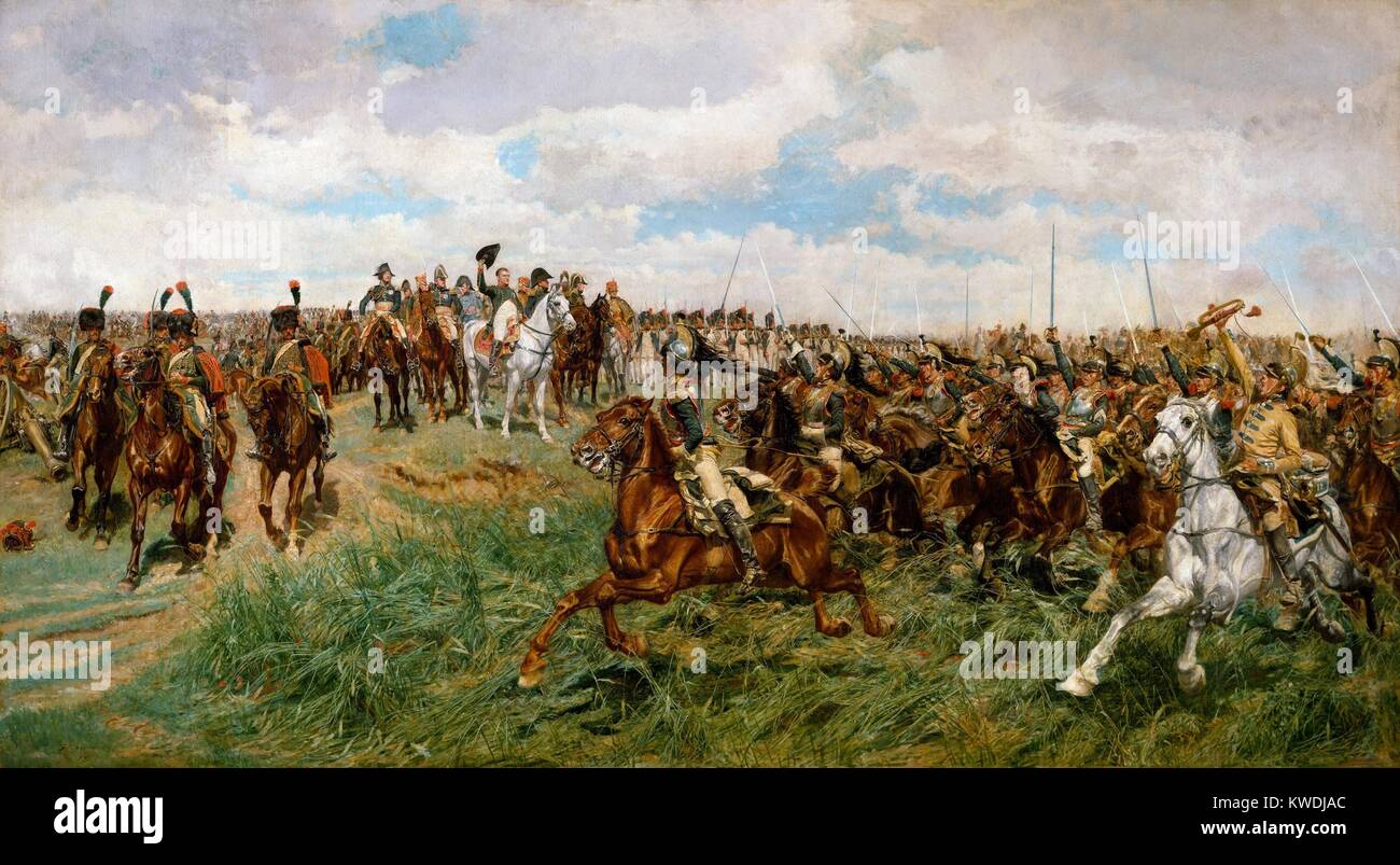 1807, FRIEDLAND, by Ernest Meissonier, 1861-75, French painting, oil on canvas. The Charge of the French Cuirassiers at Friedland on June 14, 1807, is depicted in intricate realist detail in a painting executed over several years. Napoleon salutes his soldiers in the battle against Russia, that ended the War of the Fourth Coalition, and resulted in the Treaties of Tilsit (BSLOC 2017 10 108) Stock Photo