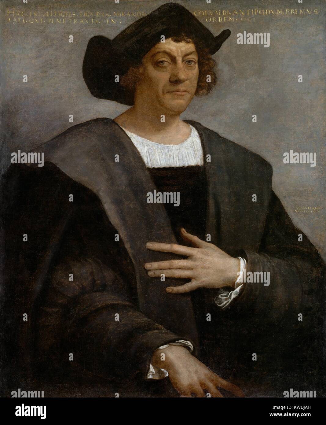 CHRISTOPHER COLUMBUS, by Sebastiano del Piombo, 1519, Italian painting, oil on canvas. The inscription stating the sitter as Columbus was probably added after the painting was made and identification of the sitter is debated. The link to Columbus was strengthened when Theodor de Bry published an engraved portrait of Columbus based on this painting (BSLOC 2017 10 110) Stock Photo