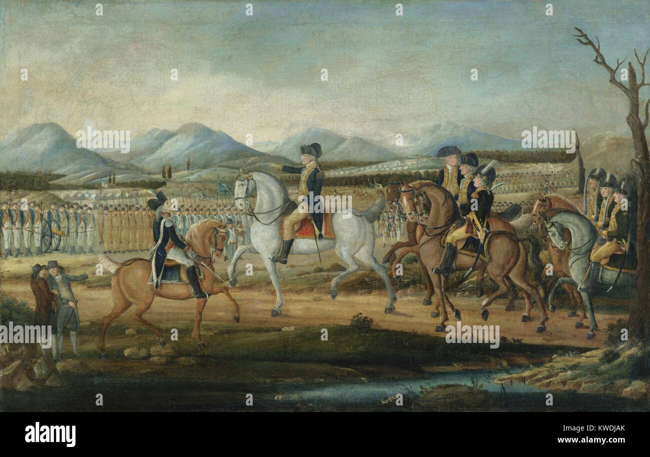 WASHINGTON REVIEWING THE WESTERN ARMY, by Kemmelmeyer,Fred., 1796-99, American oil painting. The troops were mobilized to put down the Whiskey Rebellion in western Pennsylvania on Oct. 16, 1794. The rebellion was short lived, but important as an early test of the new Federal Government (BSLOC 2017 10 112) Stock Photo