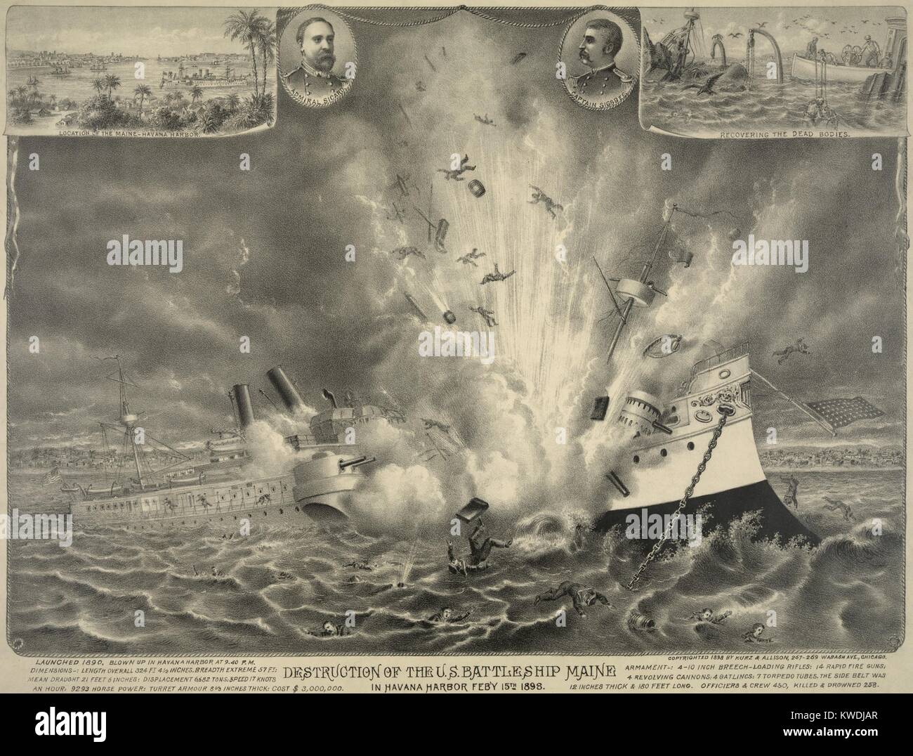 Destruction of the U.S. battleship Maine in Havana Harbor Feb. 15, 1898. At top are inserted images: General view of the Maine anchored in Havana Harbor; portraits of Admiral Sicard and Captain Sigsbee; and recovering the dead sailors bodies (BSLOC 2017 10 12) Stock Photo