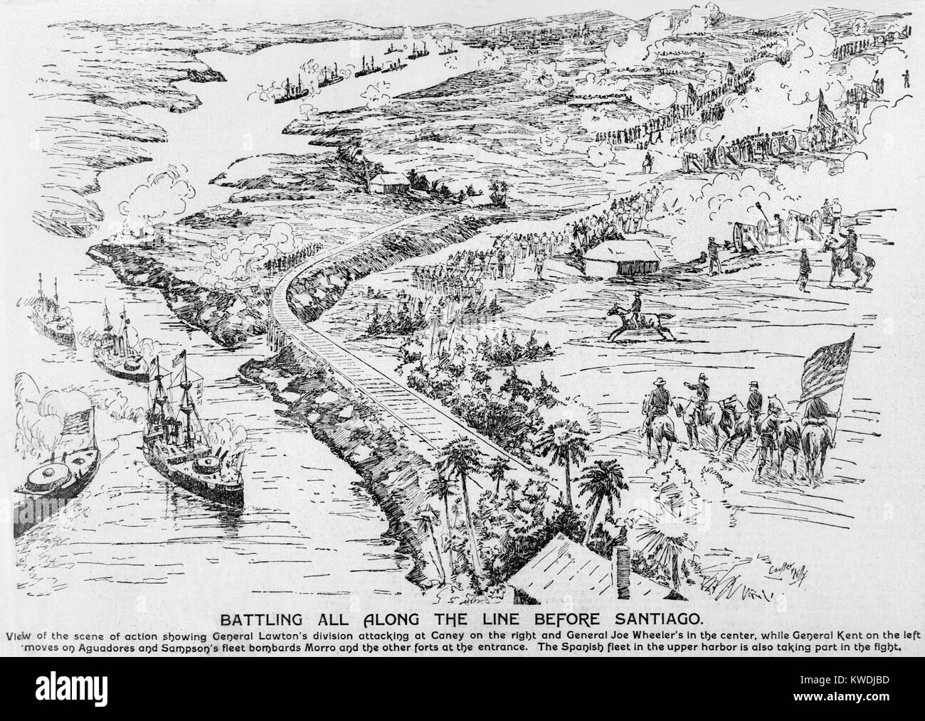 Birdseye view of the Santiago Campaign of the Spanish American War. The Spanish fleet trapped by US blockade, and US troops are fighting for positions at Santiago de Cuba. On July 1, 1898 the army besieged the city of Santiago. One of the fights to capture the San Juan Heights was the Battle of San Juan Hill (BSLOC 2017 10 26) Stock Photo