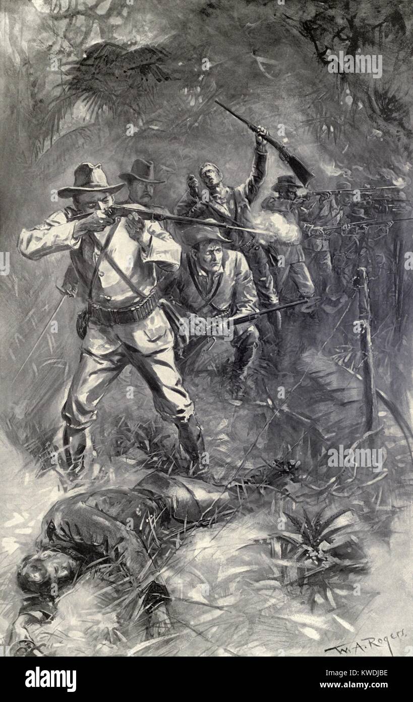 Rough Riders at the Battle of Guasimas, June 24, 1898. The first fighting in the Santiago campaign started when US troops attacked Spanish positions outside of Santiago de Cuba. The Spanish were already in retreat, which the battle interrupted, with at the cost of 27 dead and 57 wounded to enemy losses of 14 dead and 14 wounded. Theodore Roosevelt is second standing Rough Rider from left (BSLOC 2017 10 27) Stock Photo