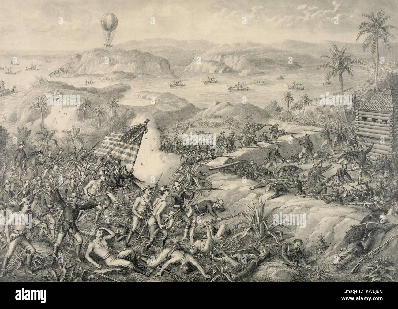 Battle of El Caney was fought on July 1, 1898, during the Spanish–American War in Cuba. US Forces captured the town and installations to support the main attack on the San Juan Heights. In the background are Spanish ships blockaded in the Santiago Bay by US Navy at far right. The US military used observation balloons during the Santiago Campaign (BSLOC 2017 10 29) Stock Photo