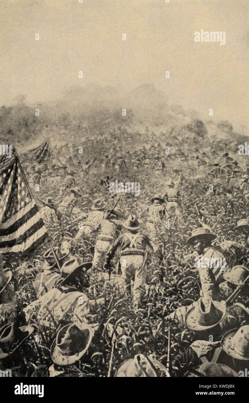 Illustration of the assault of the dismounted Rough Riders during the Battle of San Juan Hill. July 1, 1898, Spanish-American War, during the Siege of Santiago (BSLOC 2017 10 34) Stock Photo