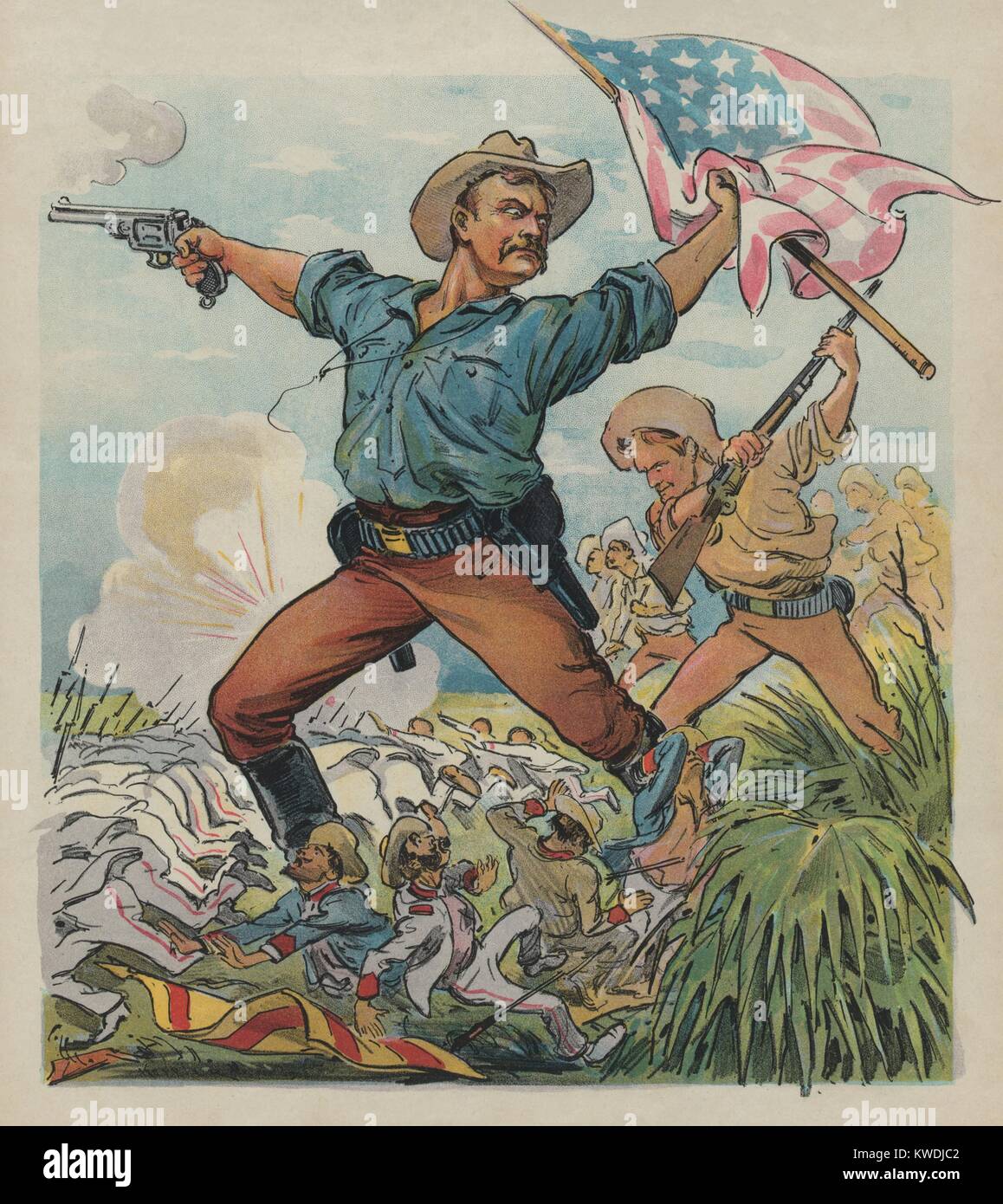 THE ROUGH RIDERS, Puck Magazine illustration, July 27, 1898. The non-factual made-up image in this political cartoon depicts Theodore Roosevelt leading a charge, trampling tiny Spanish soldiers underfoot during the Spanish American War in Cuba (BSLOC 2017 10 38) Stock Photo