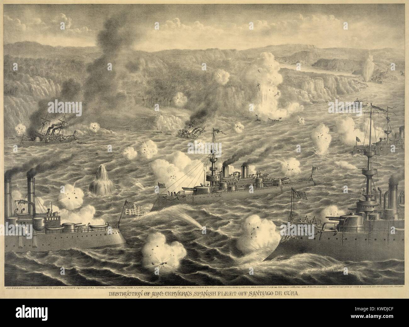 Destruction of Spanish fleet after it left Santiago Bay on July 3, 1898. Faced with capture or destruction when the US occupied the city of Santiago, they risked battle with the blockading US Squadron. The Spanish lost all their ships, suffering 350 dead, and 160 wounded (BSLOC 2017 10 47) Stock Photo