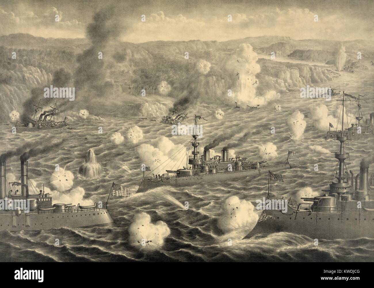 Destruction of Spanish fleet after it left Santiago Bay on July 3, 1898. Faced with capture or destruction when the US occupied the city of Santiago, they risked battle with the blockading US Squadron. The Spanish lost all their ships, suffering 350 dead, and 160 wounded (BSLOC 2017 10 48) Stock Photo