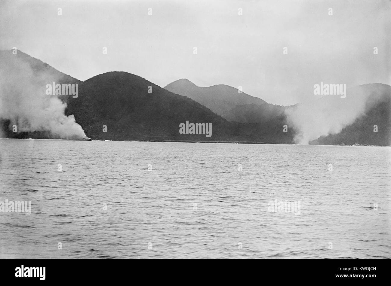 Oquendo and Maria Teresa, aground and burning during the Battle of Santiago, Spanish American War. July 3, 1898. The US destroyed the Spanish fleet, gaining control of the sea, leaving the Spanish troops stranded, and leading to Spanish surrender (BSLOC 2017 10 49) Stock Photo