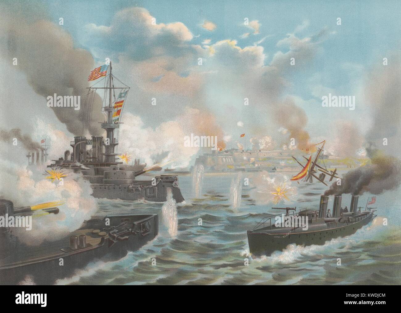 Bombardment of San Juan, Puerto Rico, May 12, 1898 lasted for 3 hours. US Admiral William Sampsons main objective was to engage the Spanish Fleet. Failing in that, he attacked San Juan’s fortifications, loosing 2 US sailors and killing 8 civilians. Sec. of Navy Long noted the attack inflicted little damage with much expensive ammunition (BSLOC 2017 10 51) Stock Photo