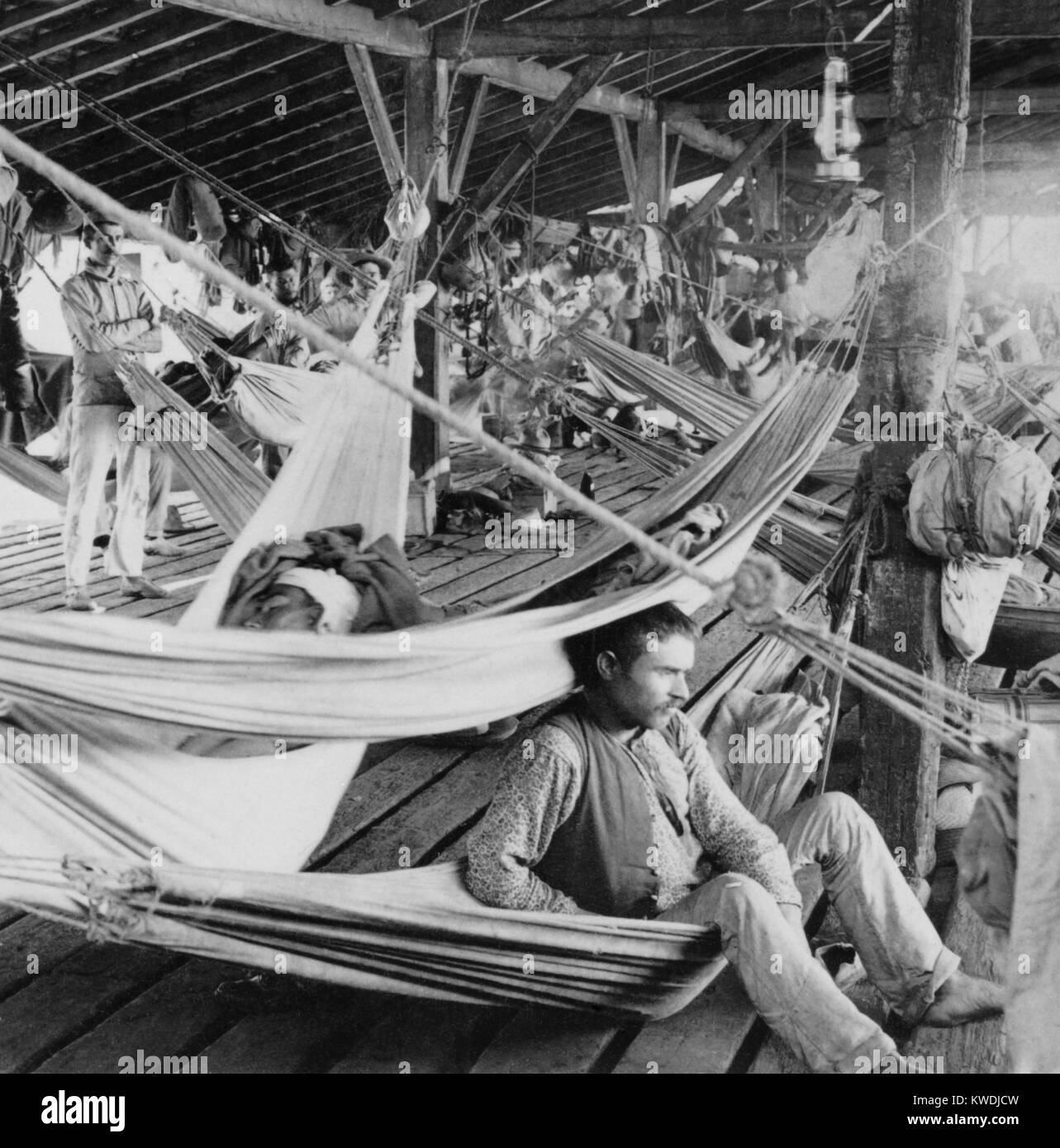 Primitive conditions in the last Spanish POW camp in Cienfuegos, Cuba ca. 1898. US agreed to transport the Spanish garrison back to Spain in terms of surrender at Santiago (BSLOC 2017 10 56) Stock Photo