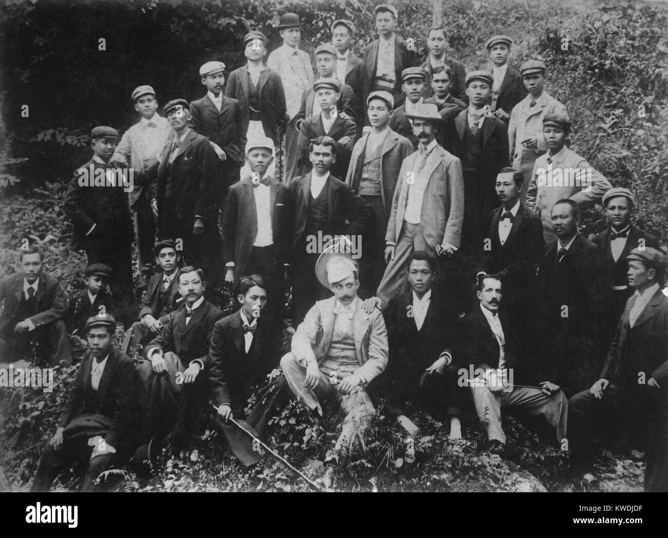 Philippine nationalists, including Emilio Aguinaldo (first row, 3rd from right), ca. 1896-97. In August 1896 an anti-colonialist insurgency began against Spanish rule, during which the rebels elected Aguinaldo as the president of the First Philippine Republic on March 22, 1897 (BSLOC 2017 10 68) Stock Photo