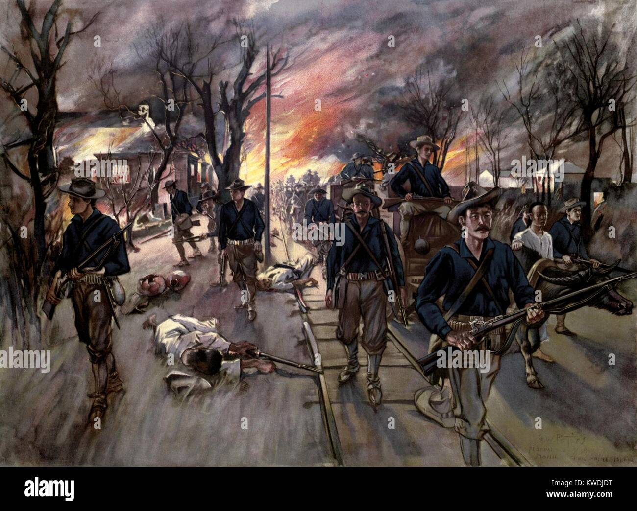 20th Kansas Volunteers marching through Caloocan at night after the battle of Feb. 10, 1899. Colonel Frederick Funstons unit guards an ammunition-train. Battle of Caloocan (2nd Battle of Manilla) took place 12 miles north of Manilla, during the Philippine-American War, between US occupation troops and Filipino insurgents, who retreated toward their capital, Malolos (BSLOC 2017 10 74) Stock Photo