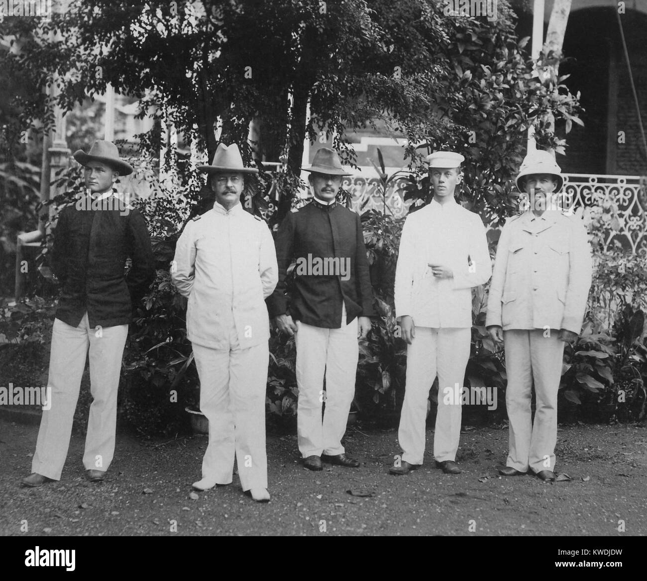 Major General Arthur MacArthur (2nd from left) and his staff in the Philippines, 1898. The father of Gen. Douglas MacArthur, served in the Civil War, Indian Wars, and Spanish American War. Both Arthur and his son Douglas were awarded the Congressional Medal of Honor (BSLOC 2017 10 75) Stock Photo