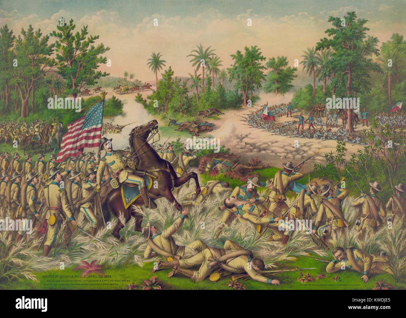 American troops advancing on Filipino troops behind earthworks at the Battle of Quingua. Philippine-American War, April 23, 1899. American troops are fired on by Filipino troops behind earthworks, killing Col. John M. Stotsenburg, who falls from his horse. The Filipinos forced the US soldiers to retreat (BSLOC 2017 10 80) Stock Photo