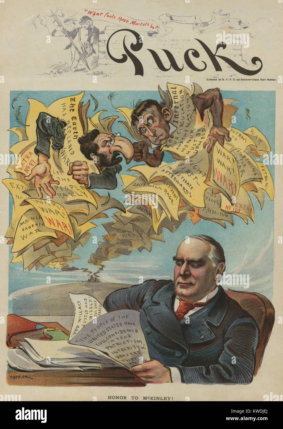 HONOR TO MCKINLEY! Political cartoon from Puck Magazine, Mar. 23, 1898. President William McKinley resists the hawkish Pulitzer and Hearst newspaper headlines urging war with Spain after the explosion of the USS MAINE in Havana Harbor on Feb. 15, 1898 (BSLOC 2017 10 9) Stock Photo