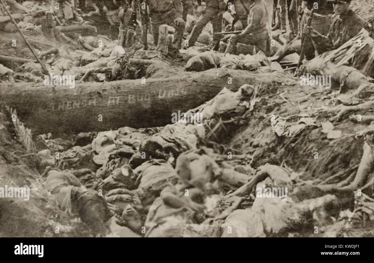 Bodies of dead Filipino Muslims killed at the First Battle of Bud Dajo during the Moro Rebellion, 1907. This was the deadliest battle of the Moro War, in which only 6 survived of the 800 to 1,000 Moros at Bud Dajo. The Moros, equipped only with knifes and spears, were attacked with rifles, bayonets, artillery and Gatlings guns. US causalities were under 25 killed and 75 wounded (BSLOC 2017 10 98) Stock Photo