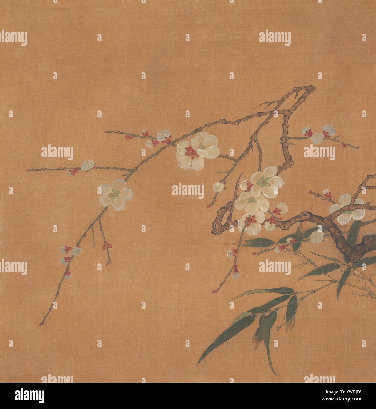 FLOWERING PLUM AND BAMBOO, Chinese, 17th c., painting, album leaf, ink, color on silk. The branches with flowers and leaves are painted in a delicate realist style. Flowers were one of the major subjects of traditional Chinese painting (BSLOC 2017 16 10) Stock Photo