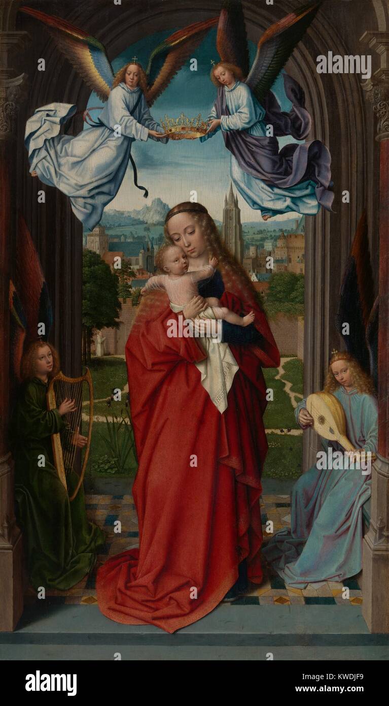 VIRGIN AND CHILD WITH FOUR ANGELS, by Gerard David, 1510-15, Northern Renaissance oil painting. The figures in an arched porch are flanked by columns against the backdrop of the city of Bruges. Graceful rhythms of the sculptural drapery unify the differently scaled figures (BSLOC 2017 16 102) Stock Photo