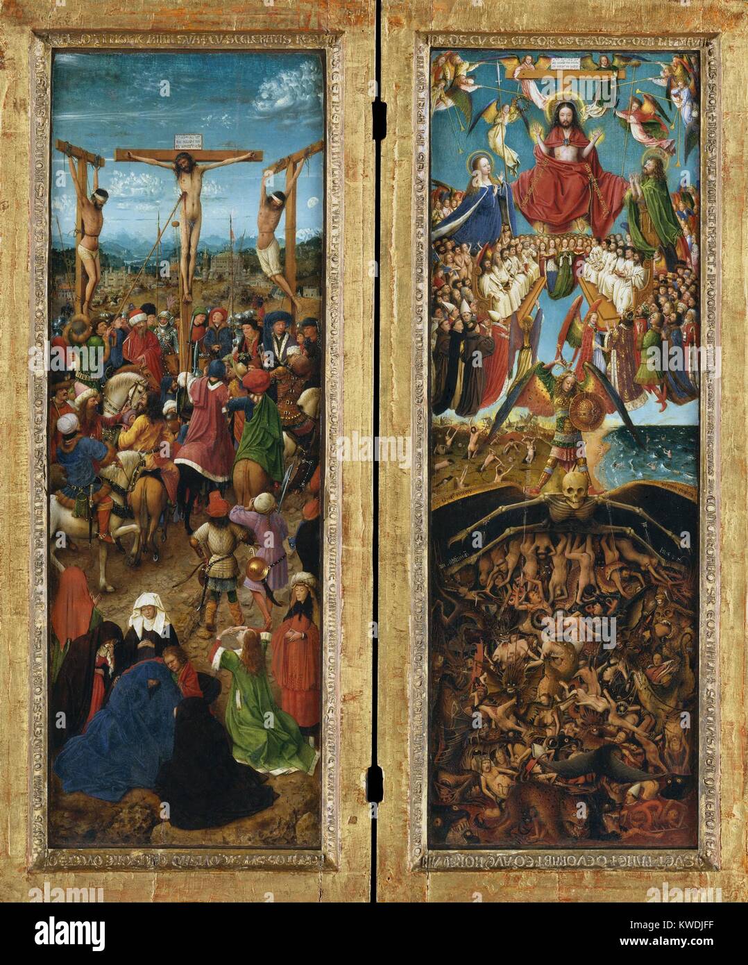 THE CRUCIFIXION, THE LAST JUDGMENT, by Jan van Eyck, 1440-41, Northern Renaissance painting. In this masterpiece of Renaissance art, the naturalism of a landscape setting replaced the gold ground of Italian painting. In the left panel, Van Eyck depicted the Crucifixion as it would take place in his contemporary 15th century world (BSLOC 2017 16 106) Stock Photo