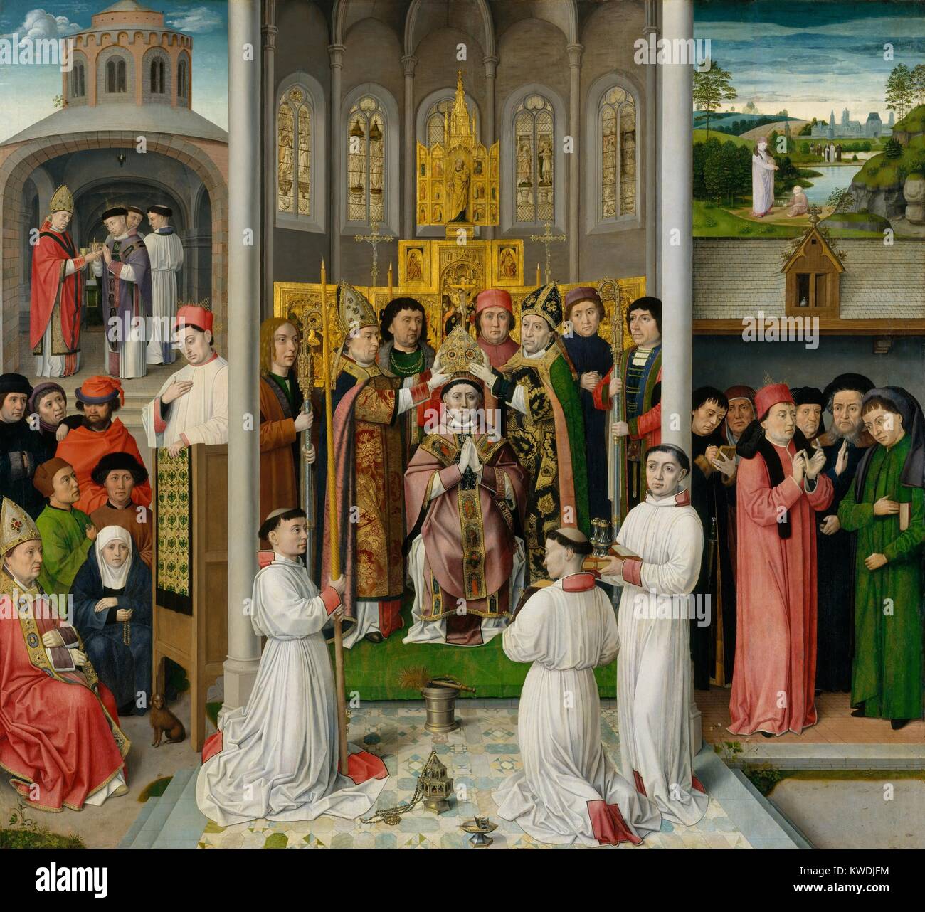 SCENES FROM LIFE OF ST. AUGUSTINE OF HIPPO, 1490, Netherlandish, Northern Renaissance oil painting. Saint Augustine, a 5th century Christian theologian, is depicted in five separate scenes. In the center, Saint Augustine is consecrated Bishop of Hippo, a Roman city in North Africa. On left, he is ordained as a priest; he preaches, while his mother, Monica, prays with the rosary. On right, is the legendary scene with the boy trying to filling a hole in the sand with the sea; at lower right, Saint Augustine preaches (BSLOC 2017 16 110) Stock Photo