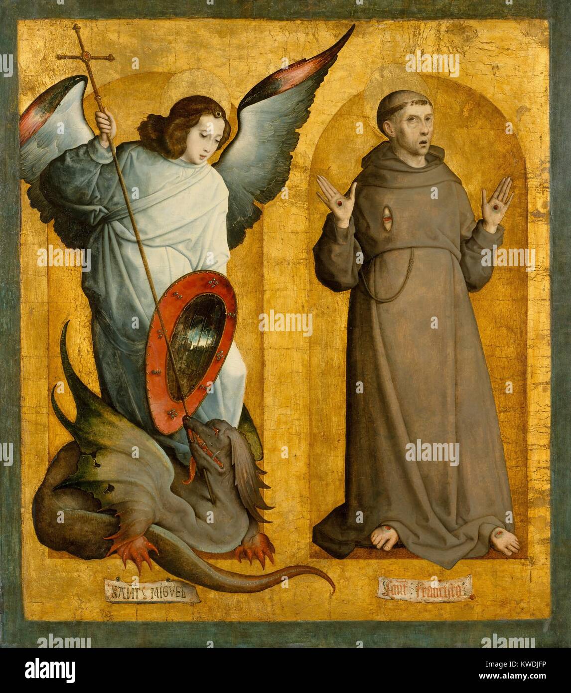 SAINTS MICHAEL AND FRANCIS, by Juan de Flandes, 1505-09, Northern Renaissance painting, oil on wood. In this panel from a Spanish altarpiece, the Flemish painter created contrasting figures: Saint Francis, neatly contained within the shallow space; while Michael extends outside his niche, with the dragon at his feet (BSLOC 2017 16 111) Stock Photo