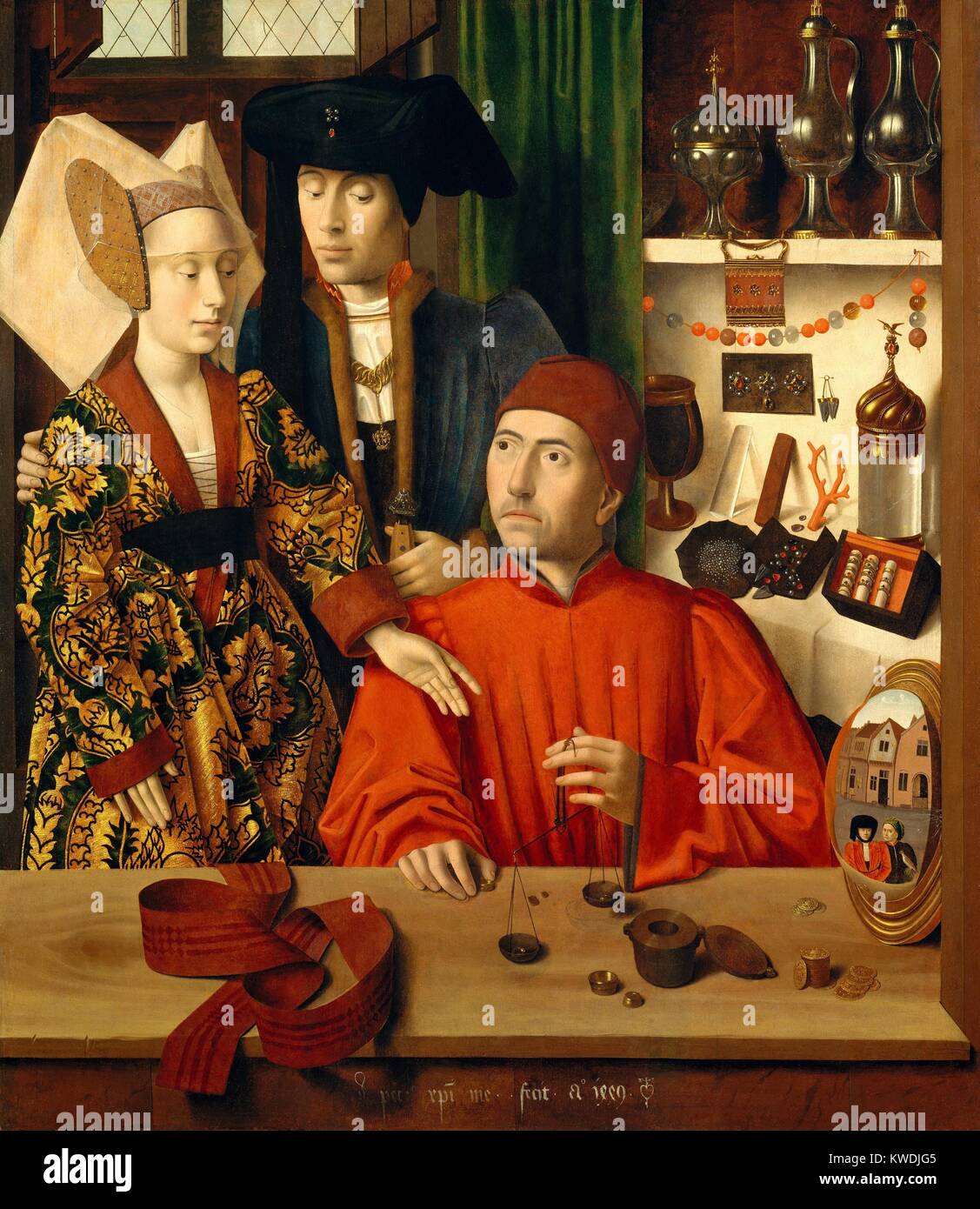 A GOLDSMITH IN HIS SHOP, by Petrus Christus, 1449, Netherlandish, Northern Renaissance oil painting. The couple are Mary of Guelders and James II, King of Scots, for whom van Vleuten has made a wedding ring that is being weighed on a scale. Philip the Good, Duke of Burgundy, also commissioned the goldsmith to create a gift for the royal couple (BSLOC 2017 16 119) Stock Photo