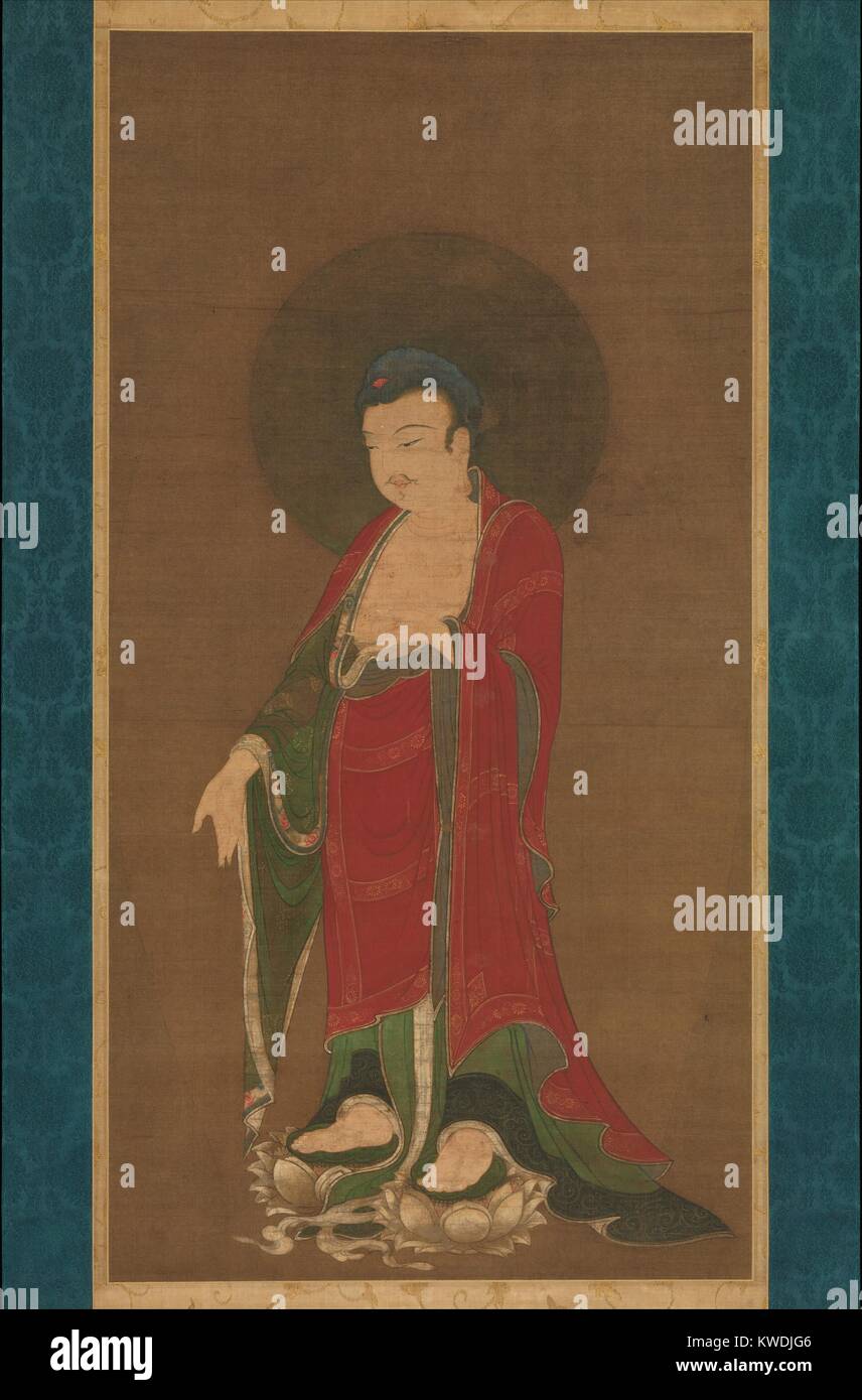 BUDDHA AMITABHA DESCENDING FROM HIS PURE LAND, Chinese, Southern Song dynasty, painting, 1280-99. Buddha Amitabha descends to welcome the soul of a recently deceased individual into his paradise. In this hanging silk scroll, the Buddha stands on two lotuses and holds his right hand in a gesture of welcome (BSLOC 2017 16 12) Stock Photo