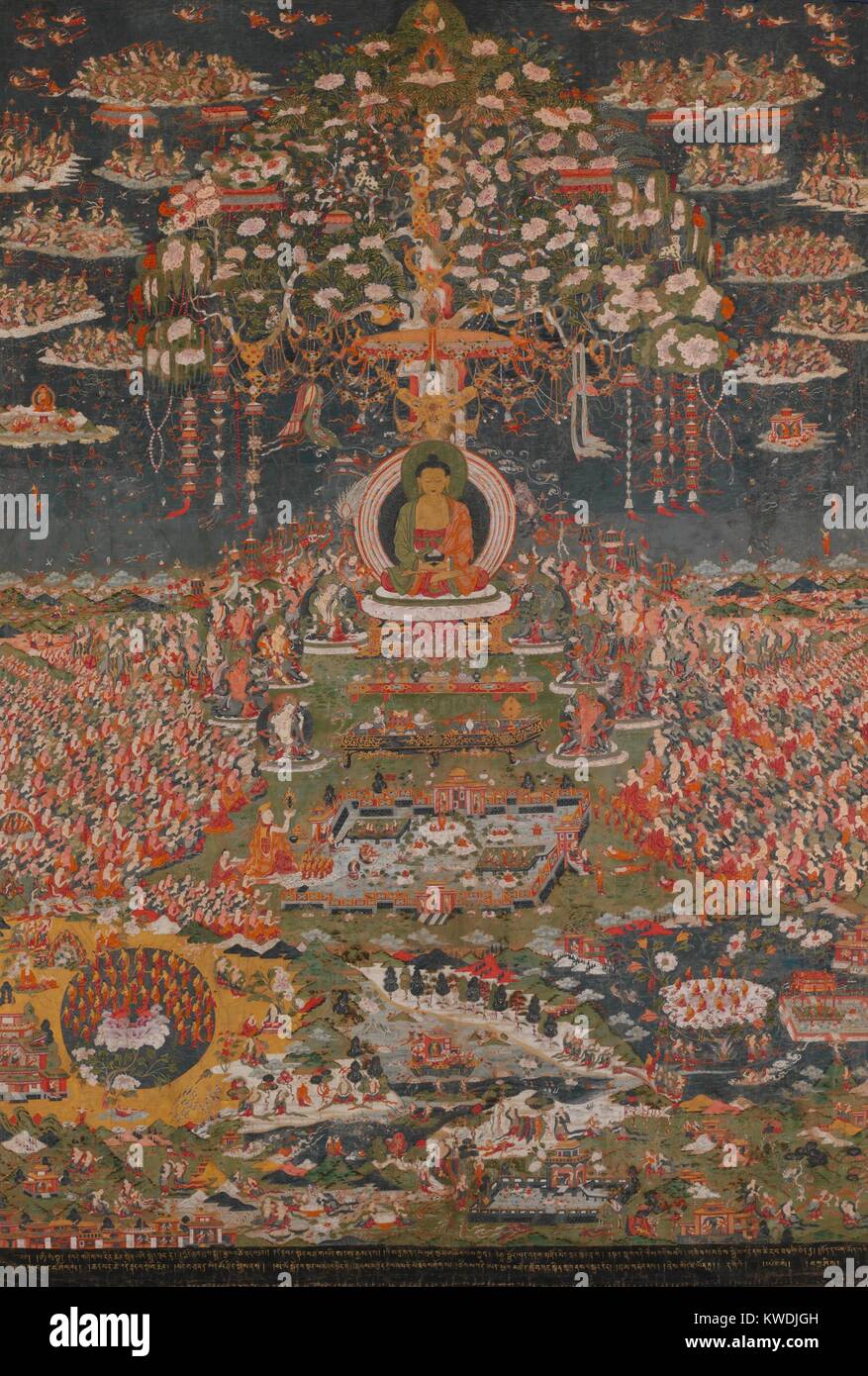 AMITABHA, THE BUDDHA OF THE WESTERN PURE LAND, Tibetan, Buddhist, 18th c., painting. Amitayus, the Buddha of Eternal Life, in his paradise, Sukhavati, the Western Pure Land. The sky is filled with demigods who scatter flowers. Just below Amitayus are the eight great bodhisattvas. In bottom landscape are pools from which the purified are reborn (BSLOC 2017 16 13) Stock Photo