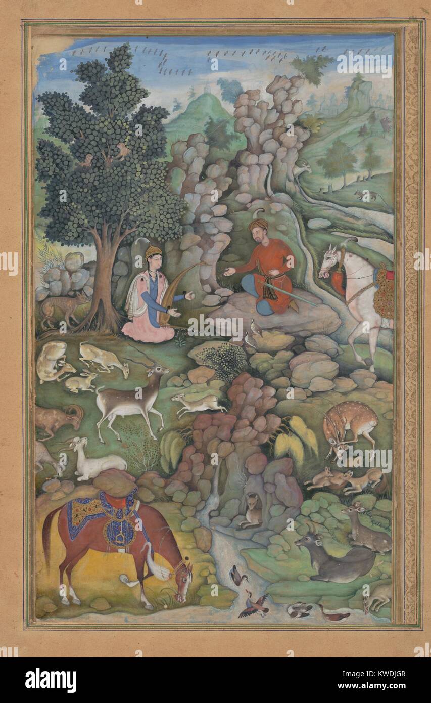 BAHRAM GUR SEES HERD OF DEER MESMERIZED BY DILARAMS MUSIC, by Miskin, 1570-99, watercolor painting. Persian Sasanian King Bahram Gur with his beautiful slave girl, Dilaram, who could make animals sleep or awaken with the sound of her music. This painting is from 16th c. Mughal Emperor Akbar’s personal copy of the Indian poet, Amir Khusrau Dihlavis, KHAMSA (BSLOC 2017 16 18) Stock Photo