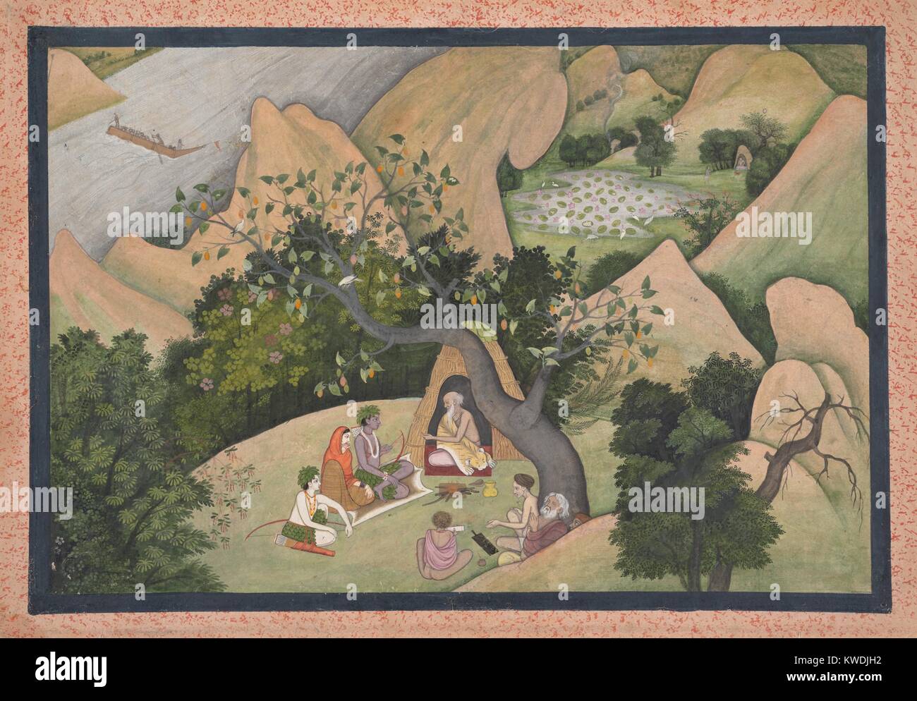 RAMA, SITA, AND LAKSHMANA AT THE HERMITAGE OF BHARADVAJA, Hindu, painting, opaque watercolor. The sage Bharadvaja, a revered Vedic Arya sage is seated in his wilderness forest shelter, and advises Rama, Sita, and Lakshmana (BSLOC 2017 16 22) Stock Photo