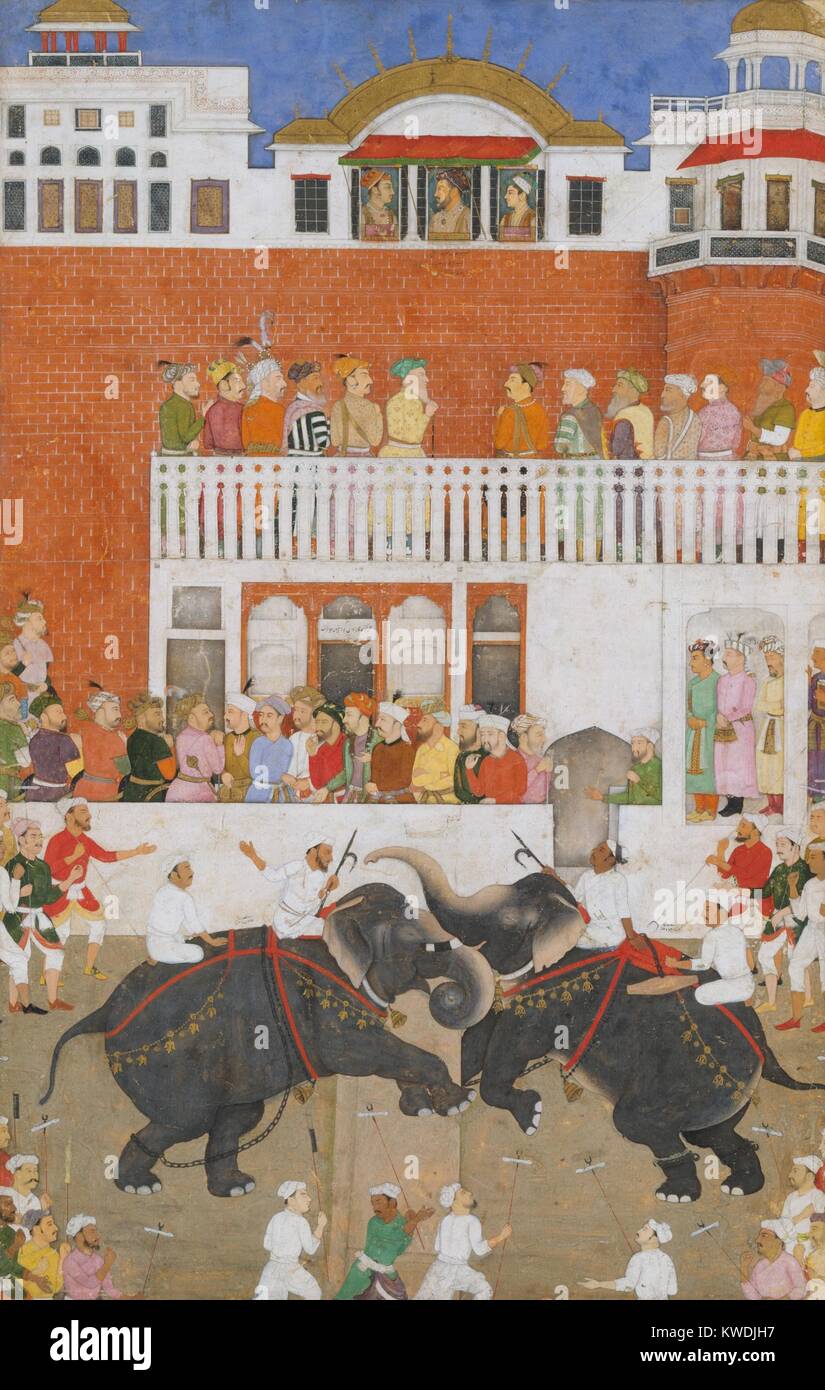 SHAH JAHAN WATCHING AN ELEPHANT FIGHT, by Bulaqi, 1639, Indian, Mughal watercolor painting. Shah Jahan, fifth Mughal Emperor, reigned from 1628-58. The Emperor and his two sons are shown in profile at top, above the courtiers. With goaders at ready, the elephants engage in active battle (BSLOC 2017 16 26) Stock Photo