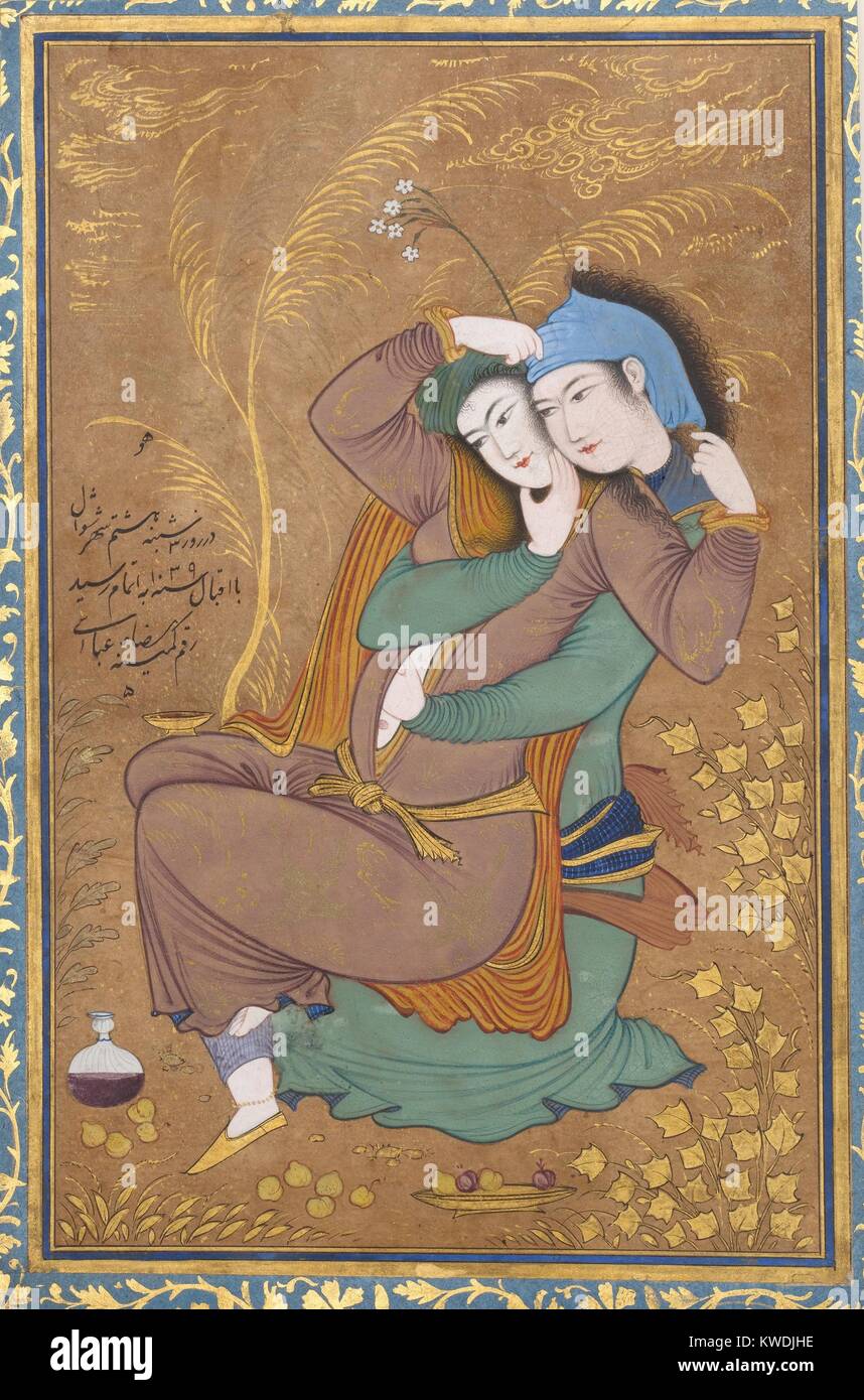 THE LOVERS, by Riza-yi Abbasi, 1630, Persian painting, opaque watercolor, ink, gold on paper. Miniature of lovers painted in Isfahan, during the reign of Shah Safi of Irans Safavid dynasty. The couple embrace reflects a relaxed attitude to sensuality in 17th century Persia (BSLOC 2017 16 32) Stock Photo