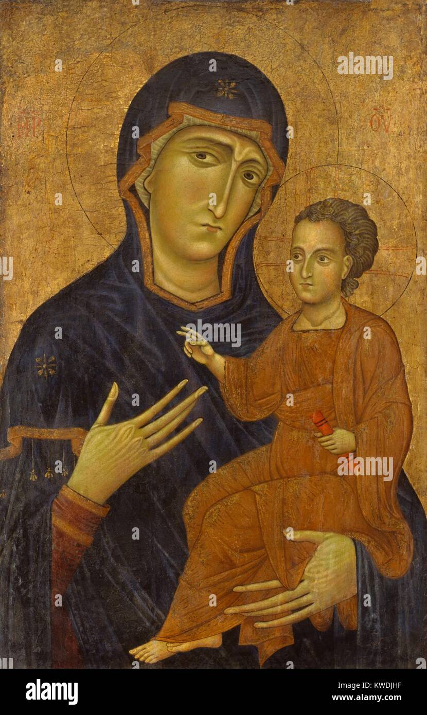 MADONNA AND CHILD, by Berlinghiero, 1230s, Italian Medieval, painting, oil on wood. Painted in the style of a Byzantine icon, this Tuscan Italian work also evidences growing Western European realism in the natural posture and proportion of the figures, and the modeling of Jesus face (BSLOC 2017 16 33) Stock Photo