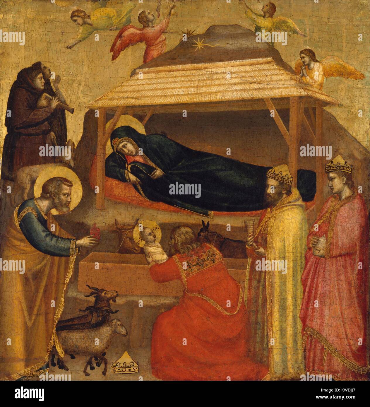 THE ADORATION OF THE MAGI, by Giotto, 1320, Italian Proto-Renaissance painting, tempera on wood. After the birth of Jesus, the Bible described in Matthew 2:11, three Kings made a pilgrimage to Jesus by following a star, bringing him gifts of gold, frankincense, and myrrh, and worshiping him. Giottos added the action of one Magi holding Jesus, a human moment in keeping with his with a greater realism (BSLOC 2017 16 46) Stock Photo
