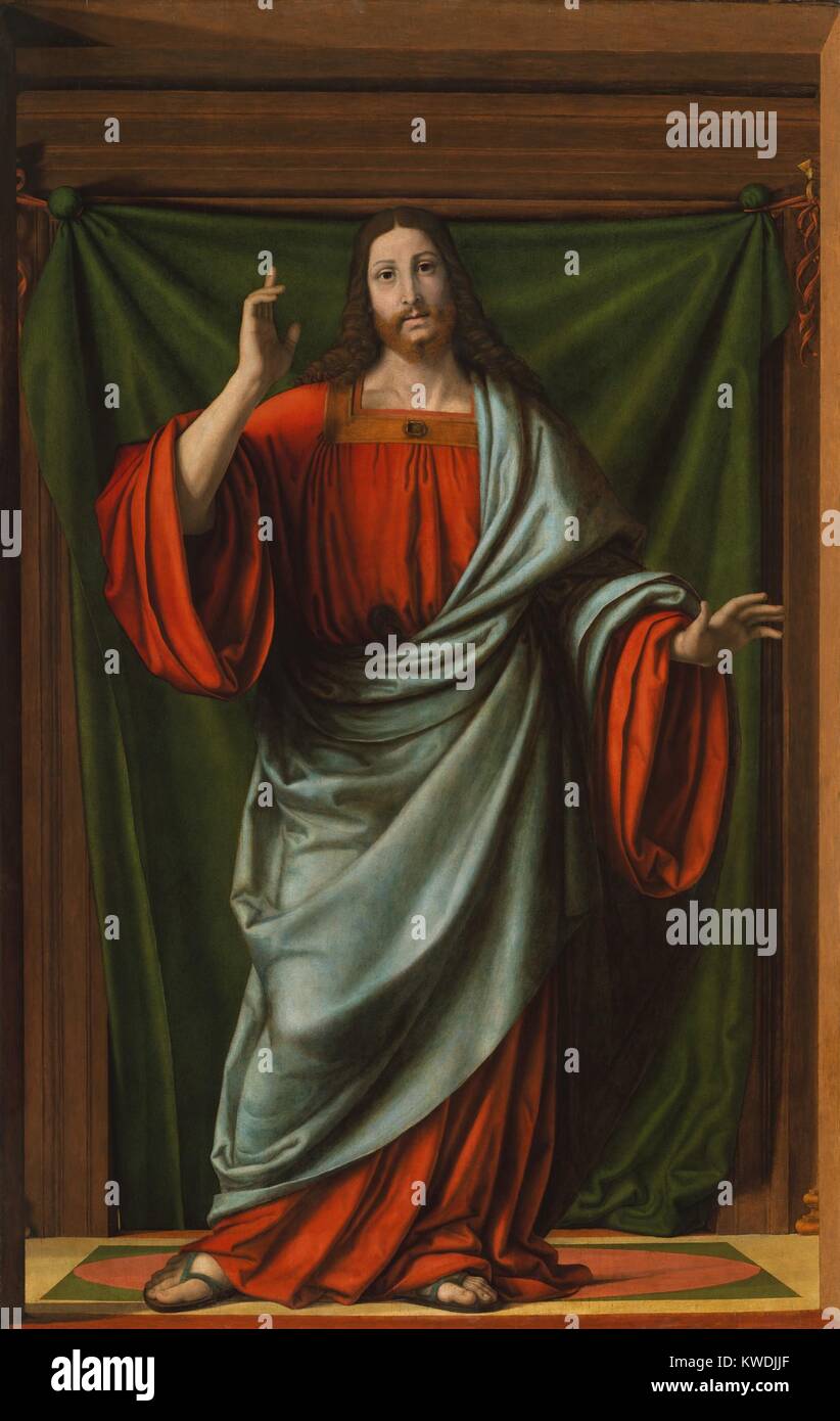 CHRIST BLESSING, by Andrea Solario, 1490-1524, Italian Renaissance painting, oil on wood. This figure is painted slightly larger than life and rendered with deeply modeled volumetric forms. It must have made a startling presence as part of the decoration of a chapel or room in a church. (BSLOC 2017 16 51) Stock Photo