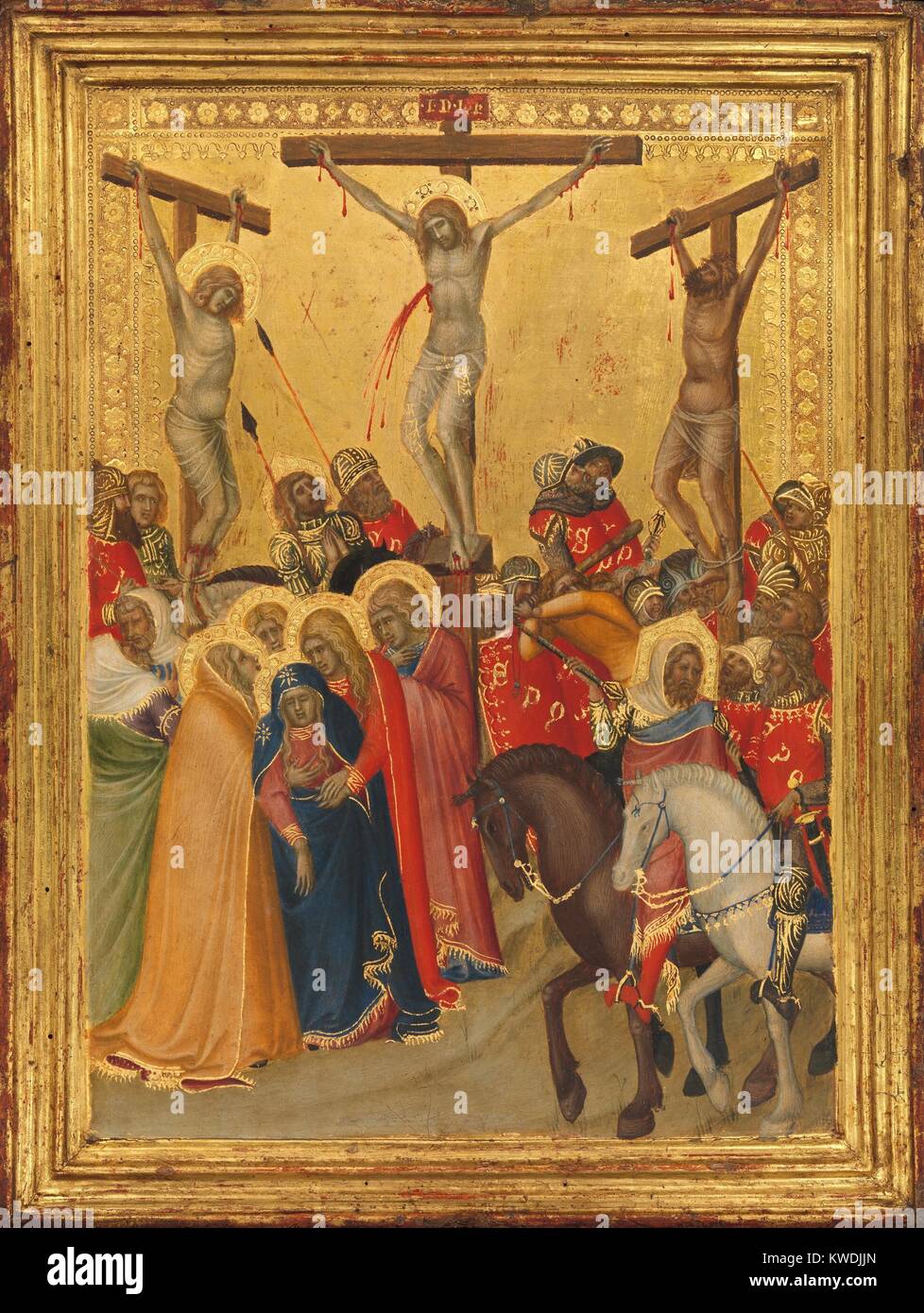 THE CRUCIFIXION, by Pietro Lorenzetti, 1340s, Italian Renaissance painting, tempera, oil on wood. Lorenzetti added narrative elements to this 14th century Sienese work: Christ’s side pierced by a spear; the thieves broken legs; the fainting falling Virgin; the conversing horsemen (BSLOC 2017 16 56) Stock Photo