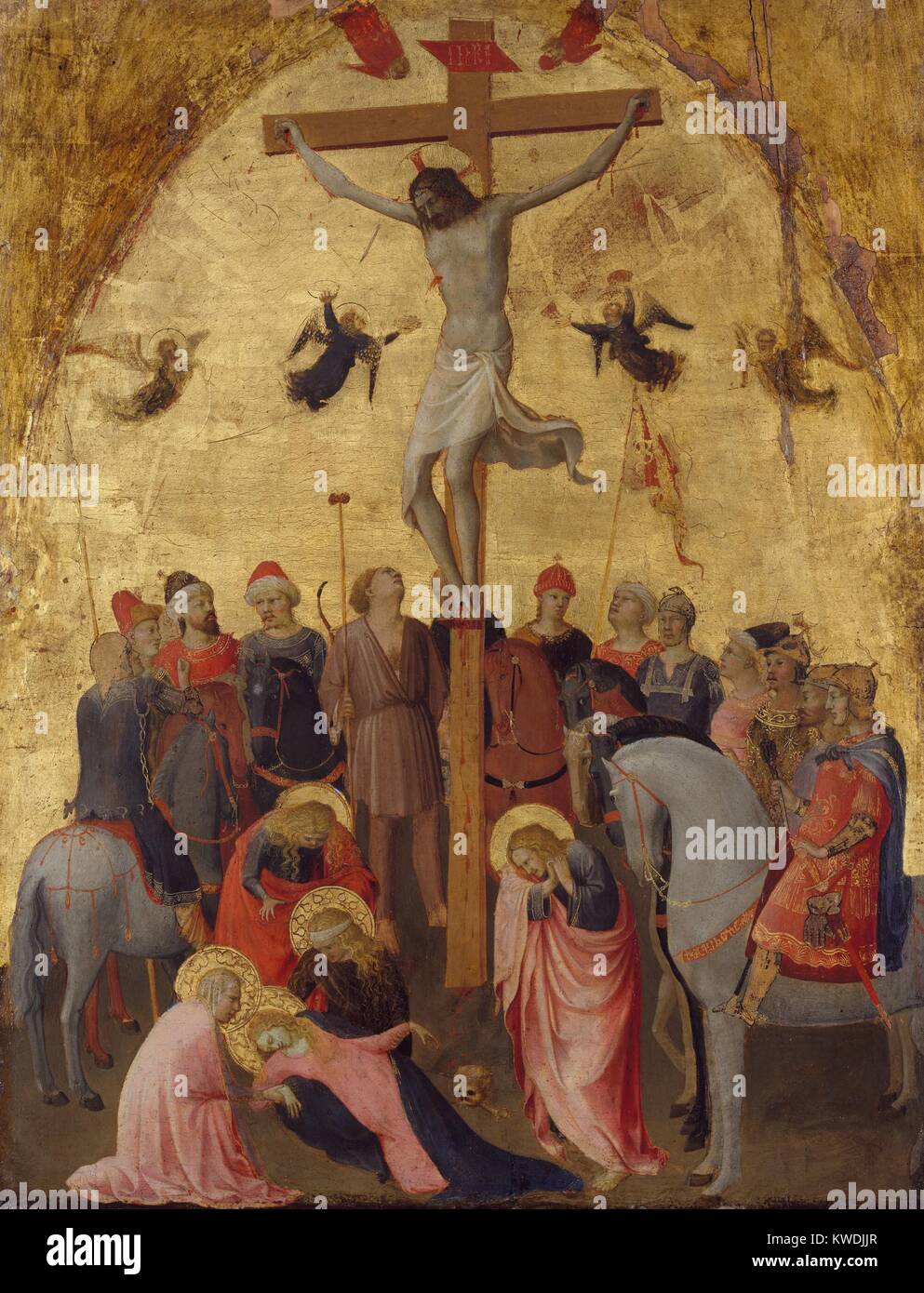 THE CRUCIFIXION, by Fra Angelico, 1420–23, Italian Renaissance painting, tempera on wood, gold ground. This Crucifixion by the Dominican friar, Fra Giovanni da Fiesole, includes human drama in the iconic scene: the Virgin, collapsed in grief; the lamenting Marys; varied attitudes of the Roman soldiers and their horses. In 1982, Pope John Paul II proclaimed Fra Angelicos beatification (BSLOC 2017 16 57) Stock Photo