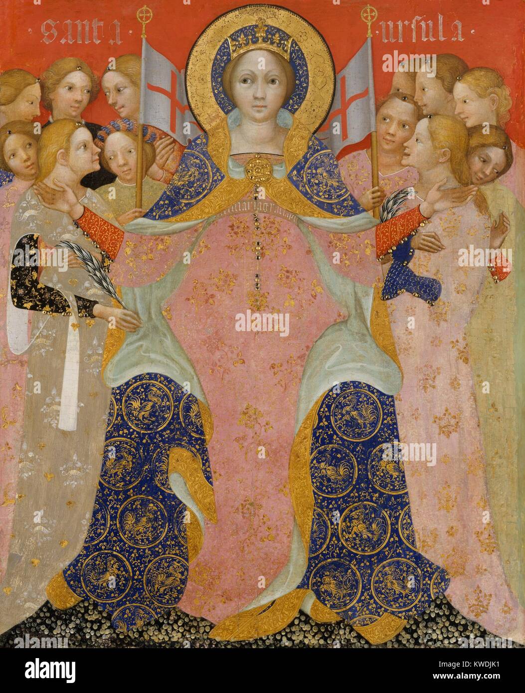 SAINT URSULLA AND HER MAIDENS, by Niccolo di Pietro, 1410, Italian Renaissance painting. Saint Ursula is shown with some of the eleven thousand virgins with whom she is said to have been martyred by the Huns around 383 A.D. The flat patterns of the garments play against the sculptural volume of the womens heads and hands (BSLOC 2017 16 60) Stock Photo