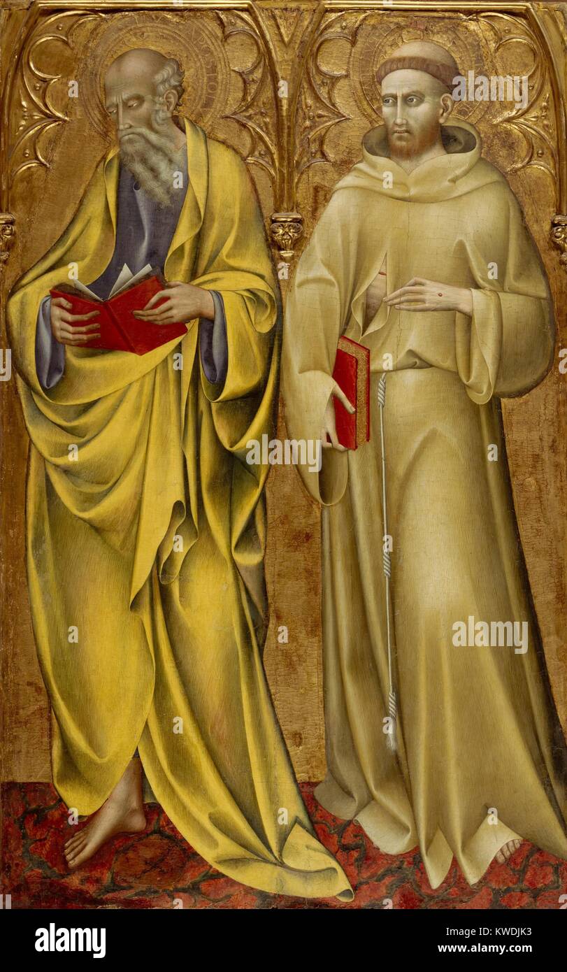 SAINTS MATTHEW AND FRANCIS, by Giovanni di Paolo, 1435, Italian Renaissance tempera painting. This is a panel from a larger altarpiece. The graceful sculptural rhythms of the figures drapery dominate the painting, while the tactile gold ground contrast in texture, form, and tone (BSLOC 2017 16 62) Stock Photo