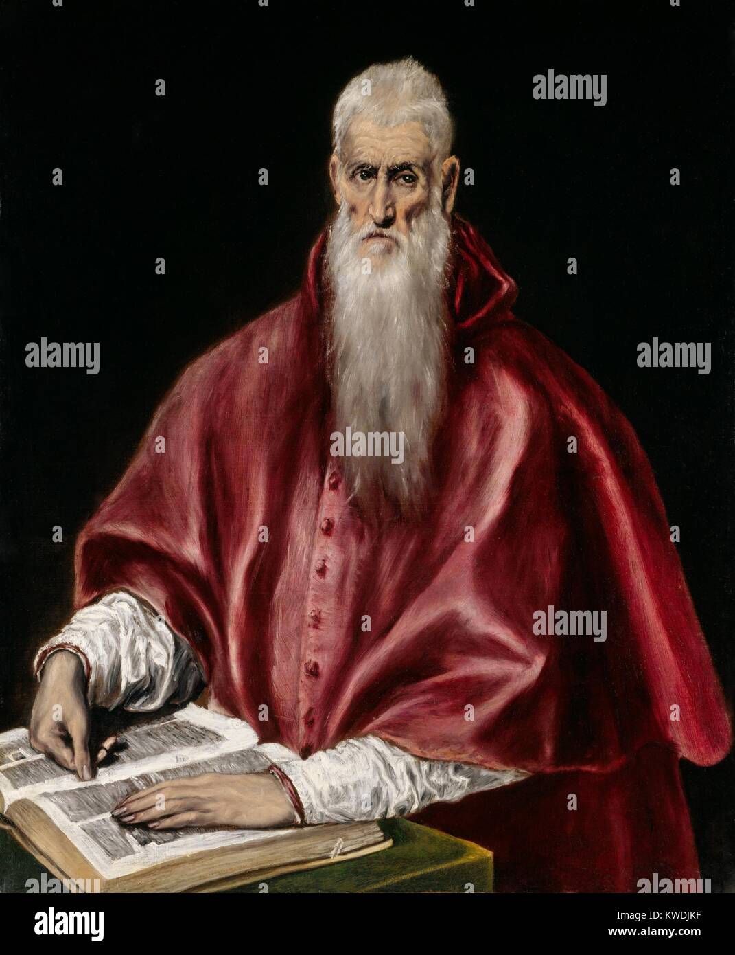 ST. JEROME AS SCHOLAR, by El Greco, 1610, Spanish Renaissance painting, oil on canvas. Jerome is shown in the red vestments of a Roman Catholic cardinal, before an open book, indicating his role as translator of the Bible from Greek into Latin in the 5th century (BSLOC 2017 16 70) Stock Photo