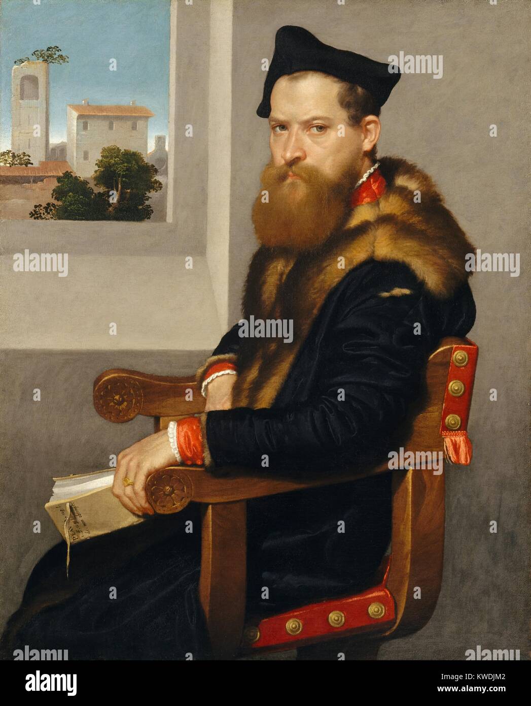BARTOLOMMEO BONGHI, by Giovanni Battista Moroni, 1553, Italian Renaissance oil painting. Bonghi was a legal scholar and is holding a book on Roman civil law. Through the window is a recognizable tower of the city of Bergamo (BSLOC 2017 16 80) Stock Photo