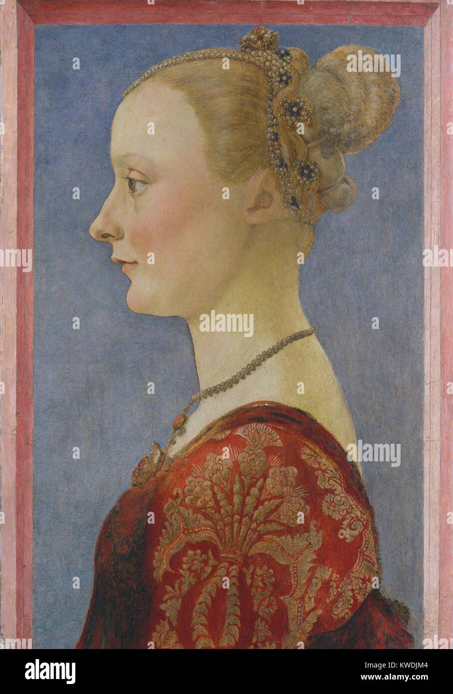 PORTRAIT OF A WOMAN, by Piero del Pollaiuolo, 1480, Italian Renaissance painting, tempera on wood. Profile of a young Florentine woman. Linear elements define the figure with subtle modeling (BSLOC 2017 16 82) Stock Photo