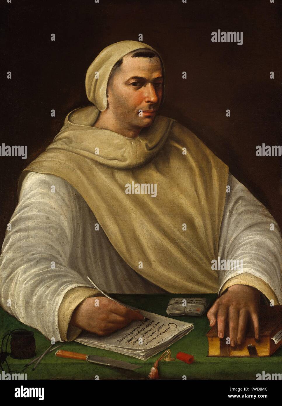 PORTRAIT OF AN OLIVETAN MONK, by Baldassare Tommaso Peruzzi, 1500-36, Italian Renaissance oil painting. An Olivetan monk, surrounded by his writing materials, letters, and a book closed with a clasp. Olivetans were formed in 1344 within the Benedictine Order (BSLOC 2017 16 87) Stock Photo