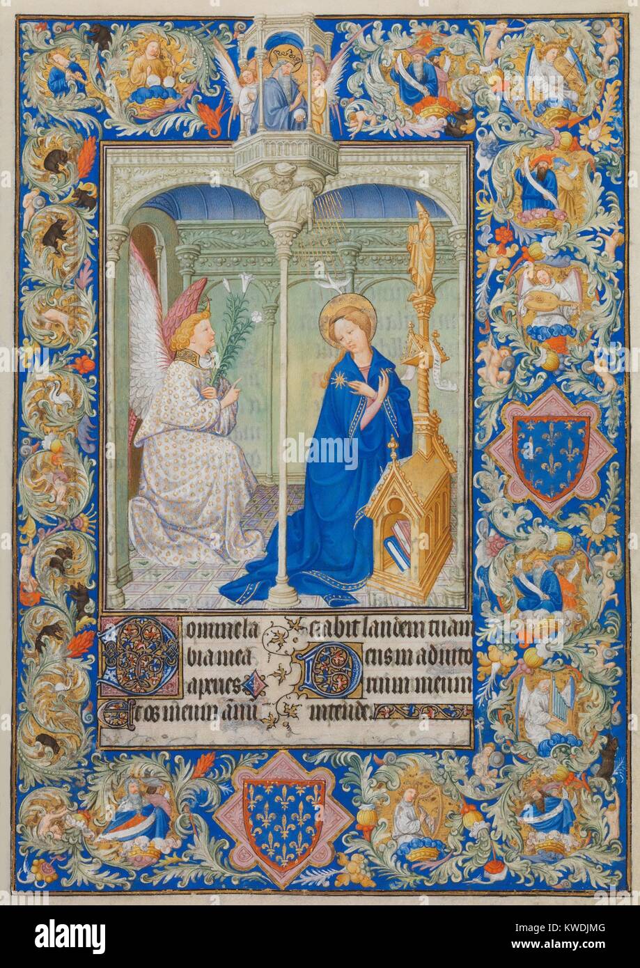 BELLES HEURES OF JEAN DE BERRY, by Limbourg Brothers, 1405-09,French painting, Northern Renaissance. An Annunciation page from an illuminated manuscript. The central scene is bordered by a complex interlace of plant forms, animals, figures, and angels playing musical instruments (BSLOC 2017 16 90) Stock Photo